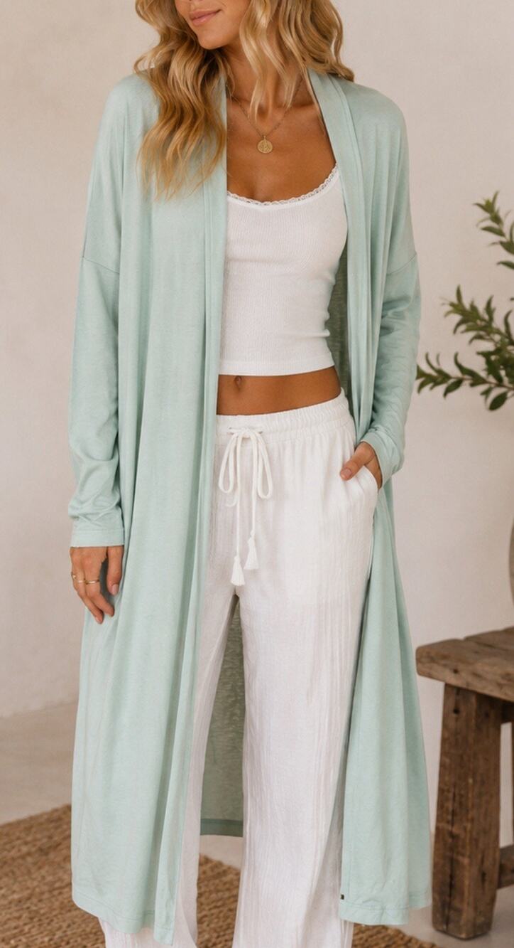 Ann Taylor Mint Green Longline Cardigan Sweater Medium M Open Front Minimalist